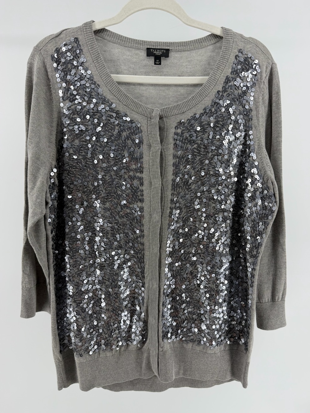 Talbots Gray Sequin Embellished Cardigan Sweater, Cotton Blend, Women's 1X
